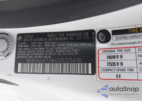 2005 BMW 645Ci z USA, uszkodzony, nr VIN WBAEK73465B325610